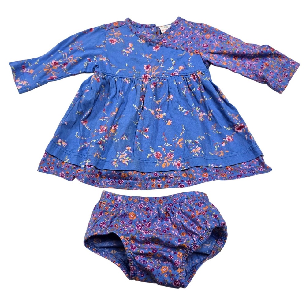 Hanna Andersson Baby Girl Blue Floral Long Sleeve Dress Diaper Cover Set Size 70